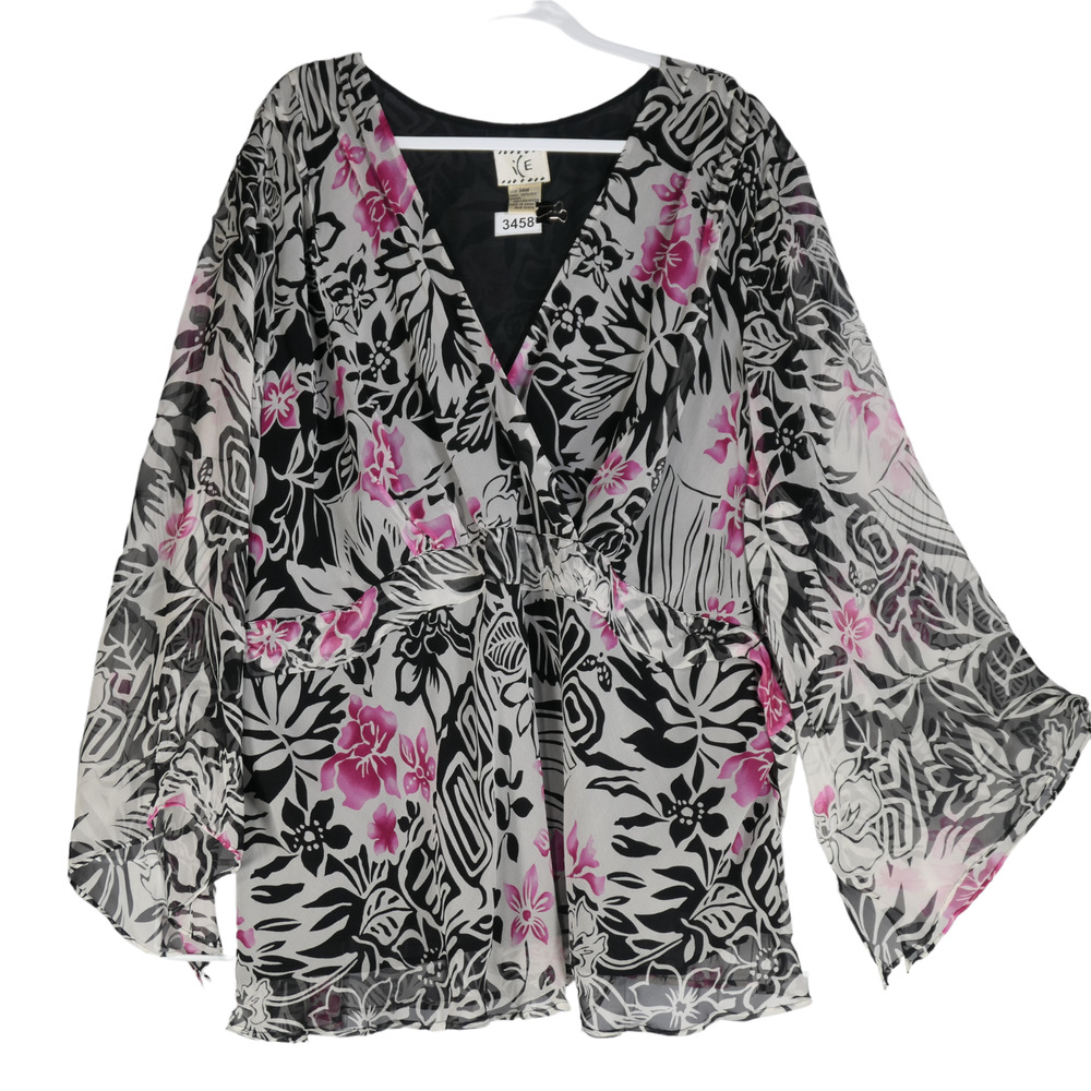 ICE Blouse Womens Size 34W 100% Silk Attached Belt Lined Flare Sleeve